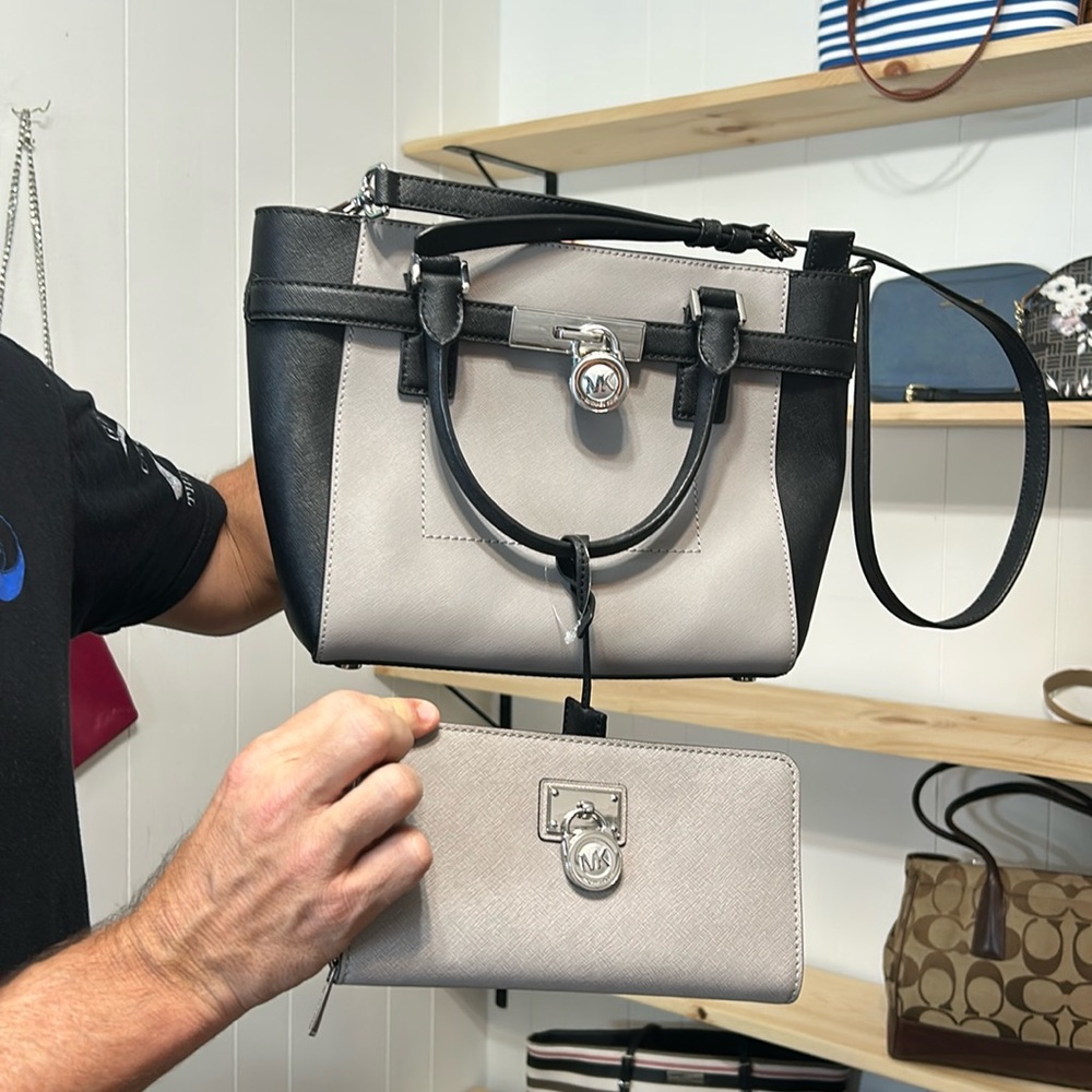 Michael Kors two-tone black and gray purse with matching wallet